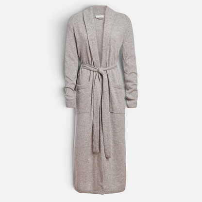 Shop Rescue Spa long grey heather cashmere robe with shawl collar, patch pockets, and a matching waist tie belt.