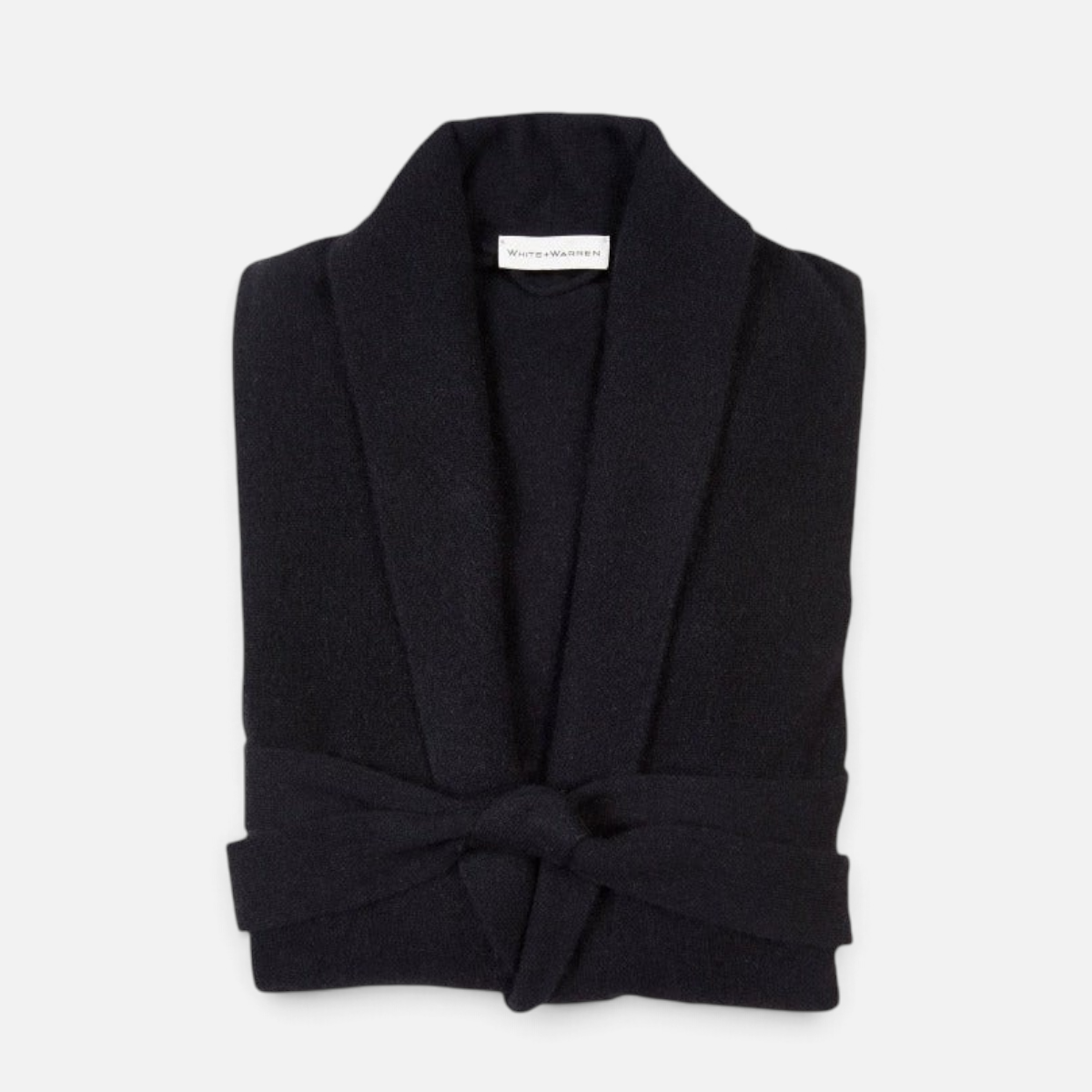 Shop Rescue Spa black long cashmere robe with a shawl collar and tie waist belt, folded flat.