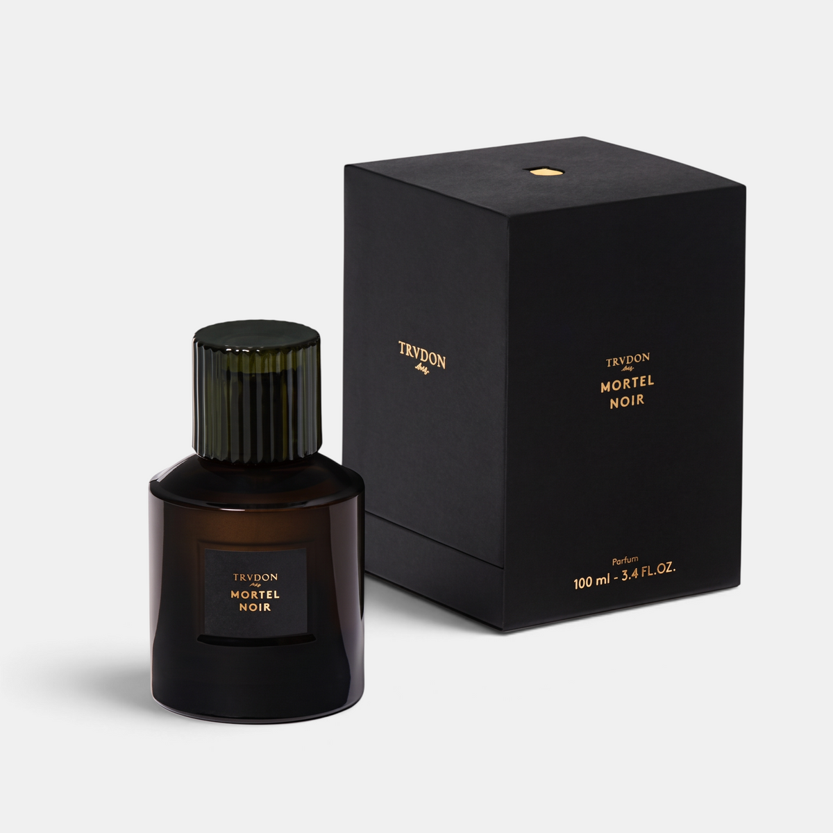 Shop Rescue Spa Trudon Mortel Noir eau de parfum glass bottle and black presentation box with gold lettering