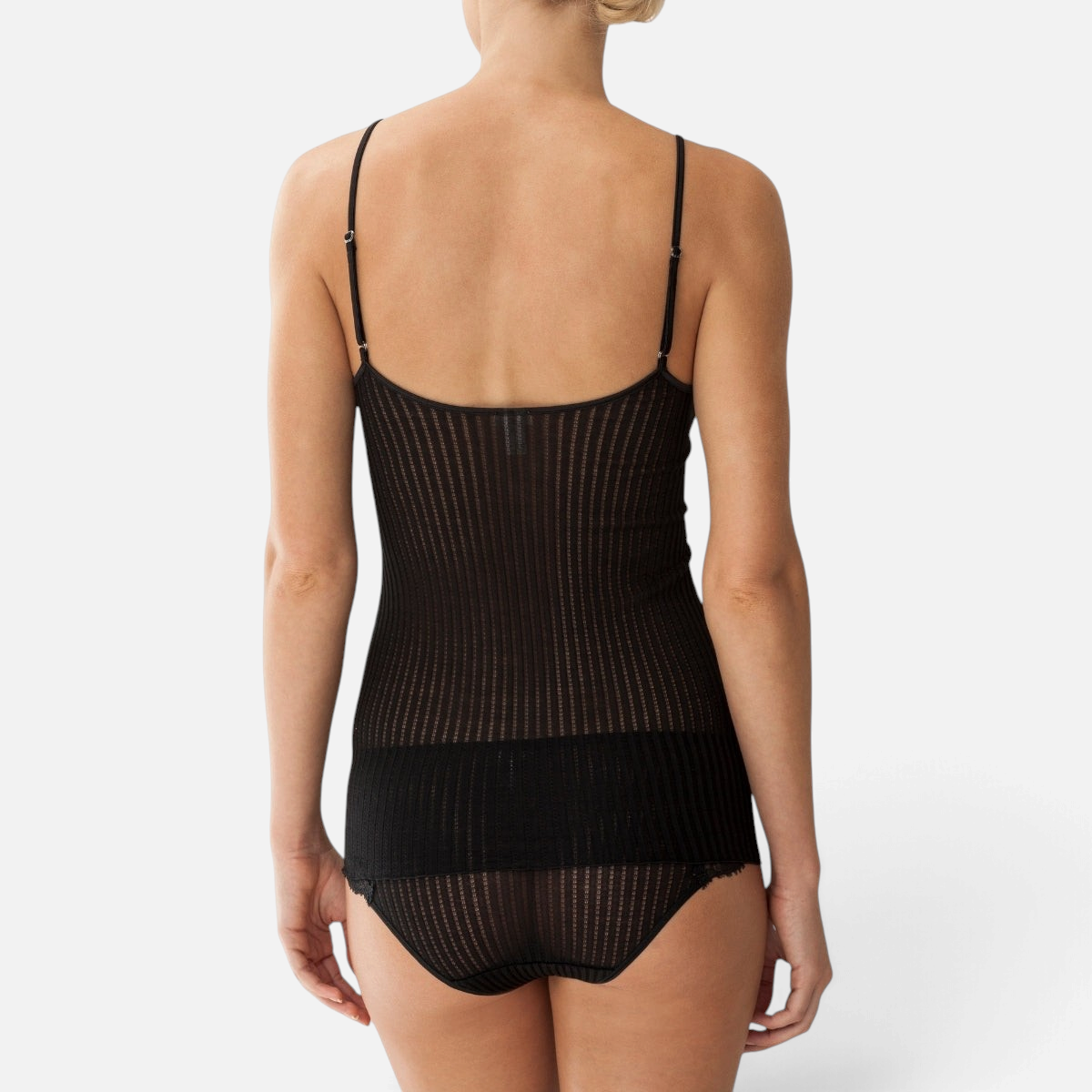 Shop Rescue Spa Richelieu ladies black cotton tank top with ribbed texture worn from the back view