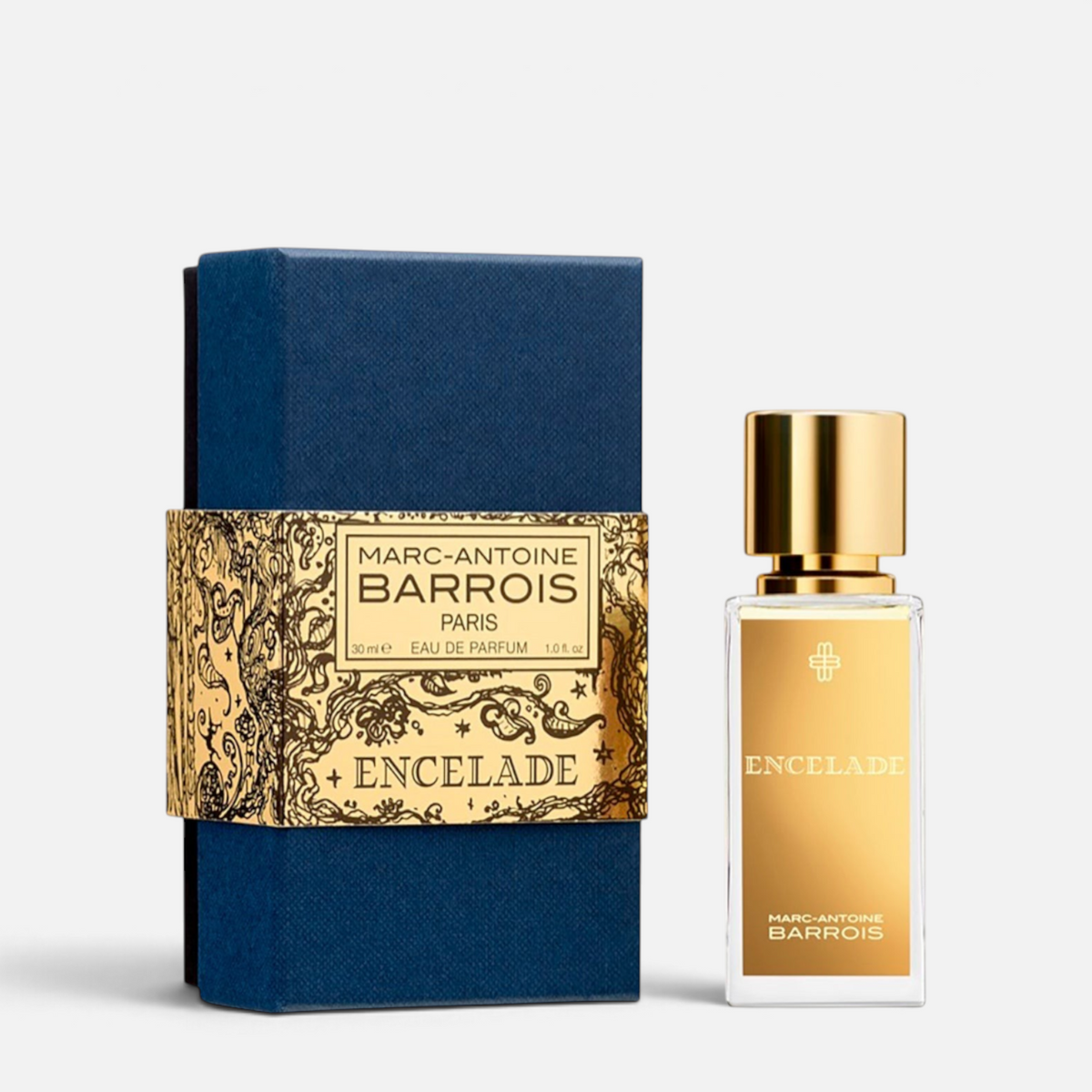Shop Rescue Spa Encelade Eau de Parfum 30ml bottle with gold cap next to its blue and gold textured presentation box