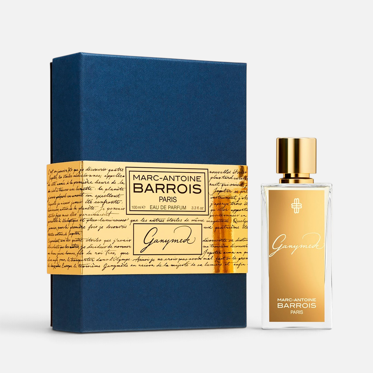 Shop Rescue Spa Marc-Antoine Barrois Ganymede Eau de Parfum in a blue box with gold label and metallic gold bottle.