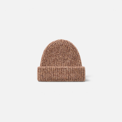 Shop Rescue Spa marled brown rib knit beanie made from a soft cashmere and silk blend