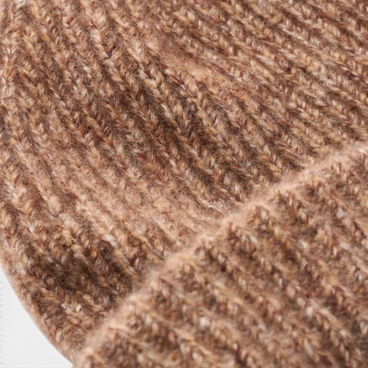 Shop Rescue Spa marled brown rib knit beanie made from a soft cashmere and silk blend.