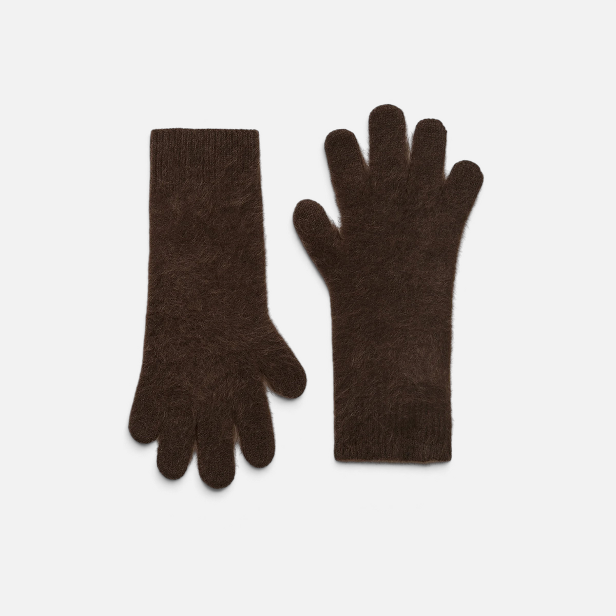 Shop Rescue Spa dark brown brushed knit gloves made from 100% cashmere with a soft, fuzzy texture.