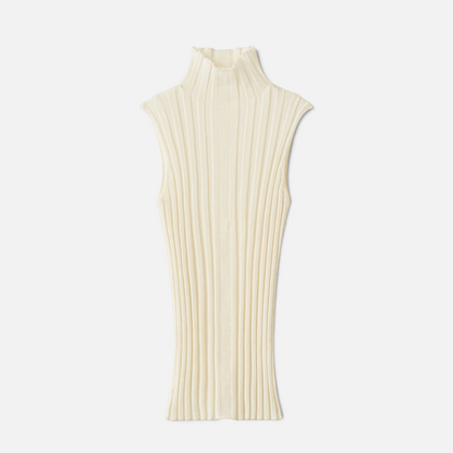 Shop Rescue Spa cream ribbed wool turtleneck singlet with a sleeveless design and lightweight knit texture.