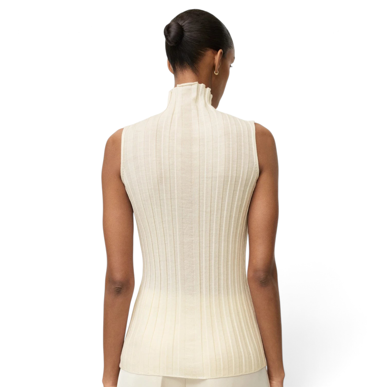 Back view of a model wearing a Shop Rescue Spa cream ribbed wool turtleneck singlet with a slim fit.