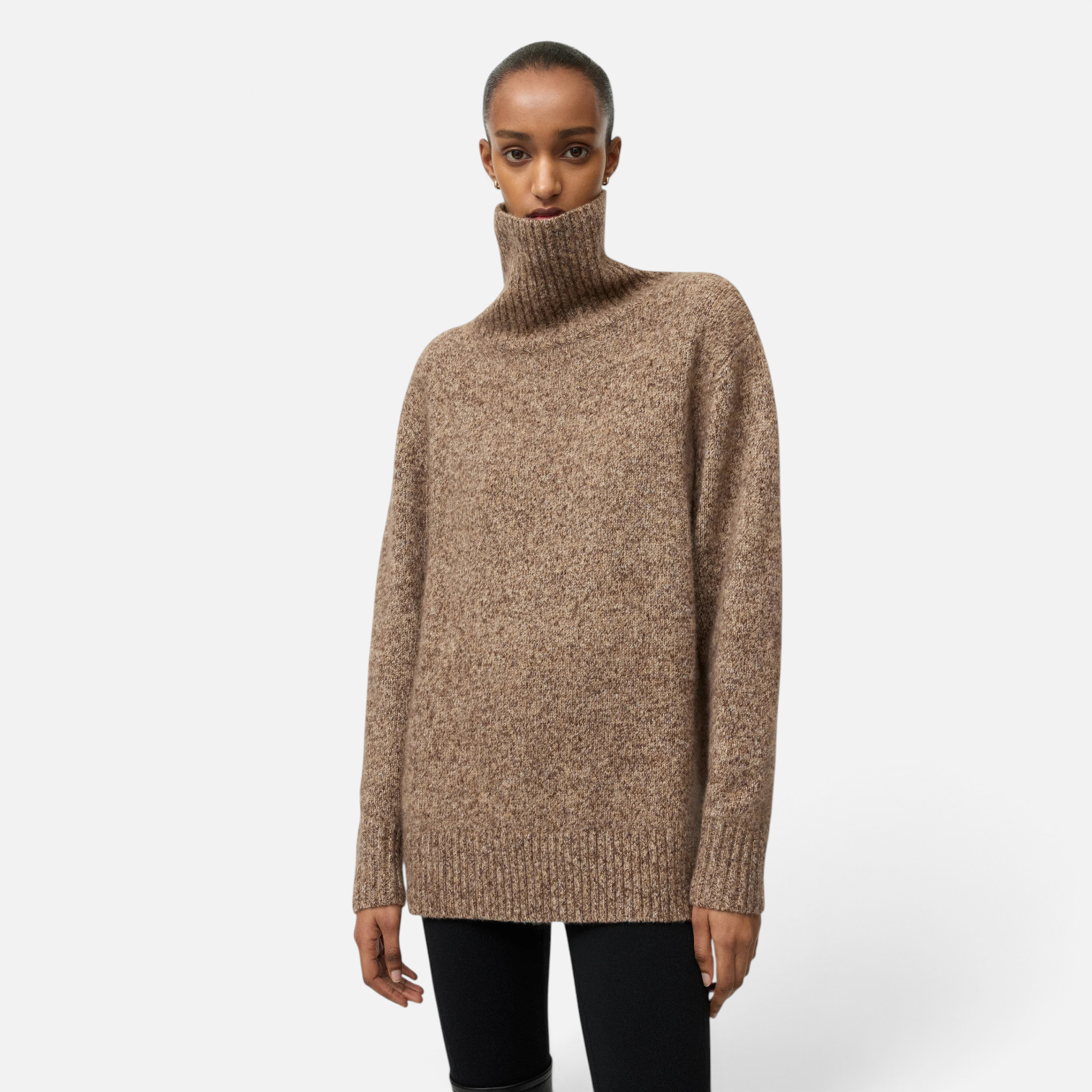 Shop Rescue Spa marled brown cashmere and silk blend relaxed fit turtleneck sweater worn by a model