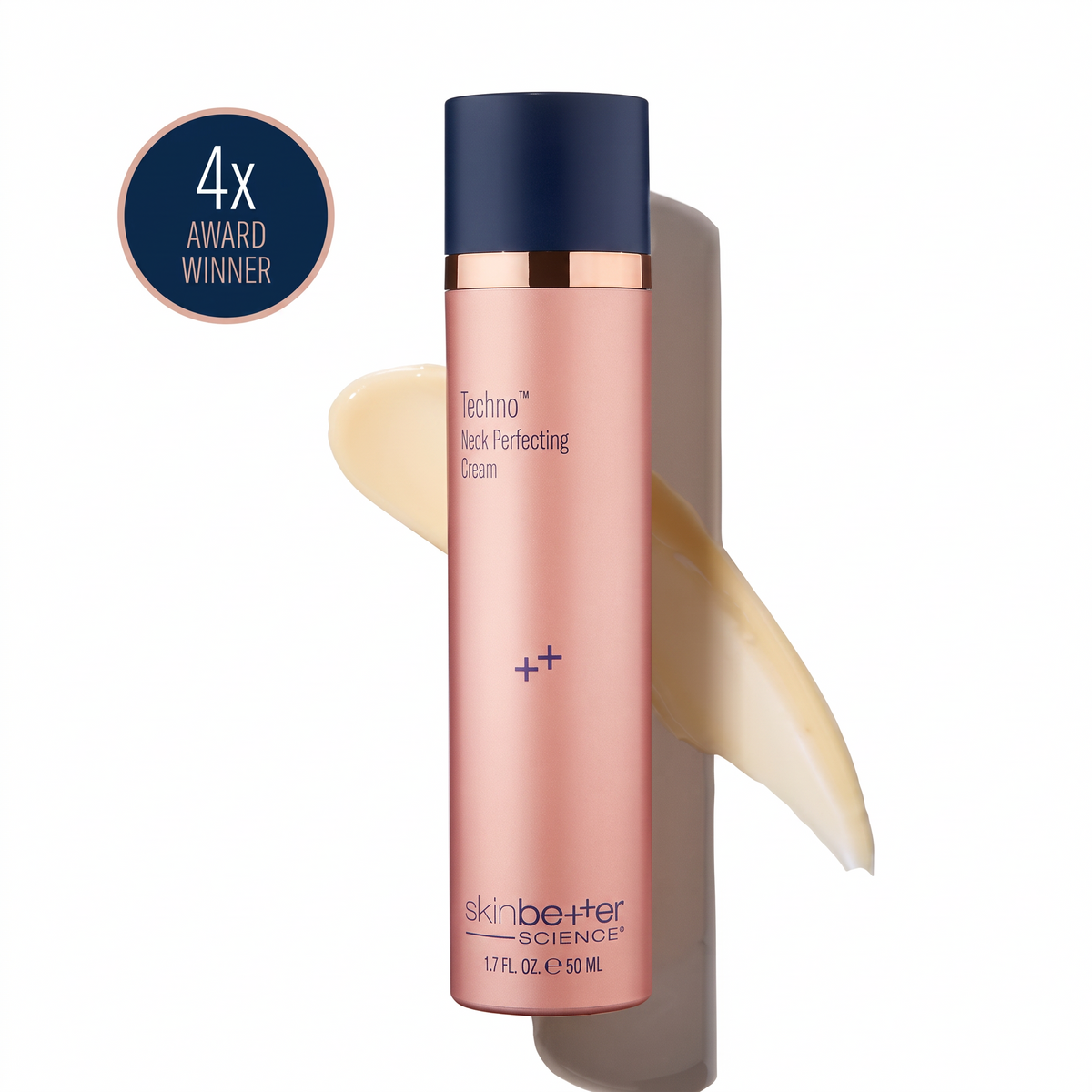 Shop Rescue Spa Techno Neck Perfecting Cream in a metallic rose gold pump bottle with a dark blue cap