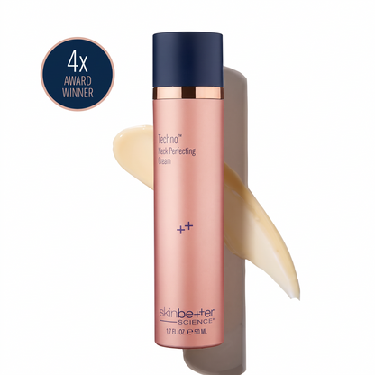 Shop Rescue Spa Techno Neck Perfecting Cream in a metallic rose gold pump bottle with a dark blue cap
