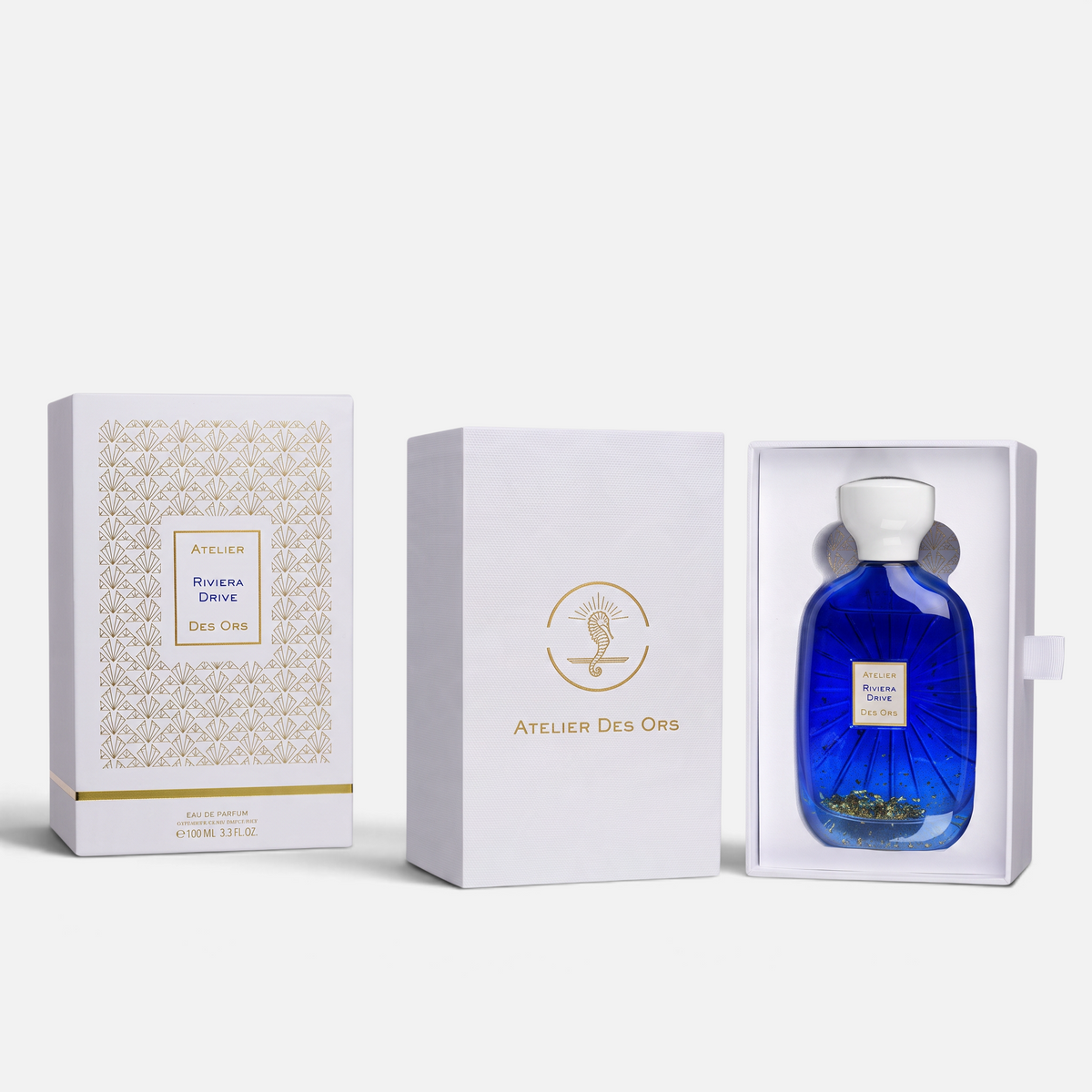 Shop Rescue Spa Atelier Des Ors Riviera Drive perfume bottle with gold flakes in white and gold decorative box