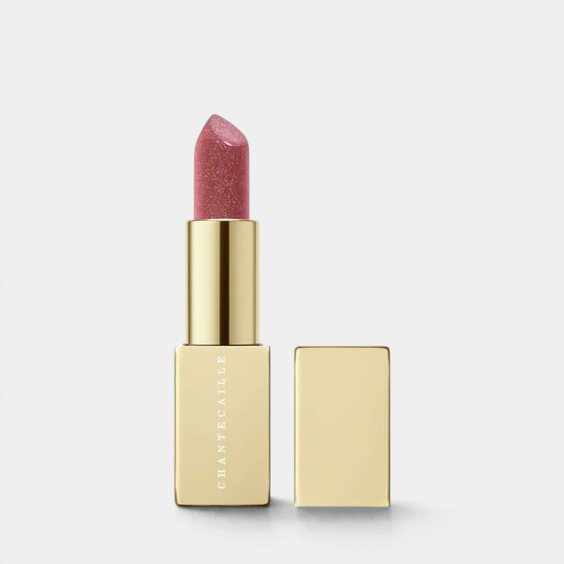 Shop Rescue Spa Chantecaille Lip Cristal in Aventurine, a glittering raspberry shimmer lipstick in gold packaging.