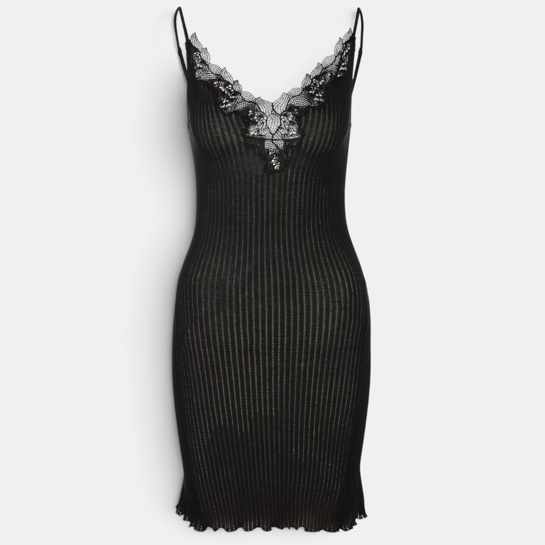 Shop Rescue Spa Maude Prive black cotton negligee with delicate guipure embroidery and ribbed seamless design.