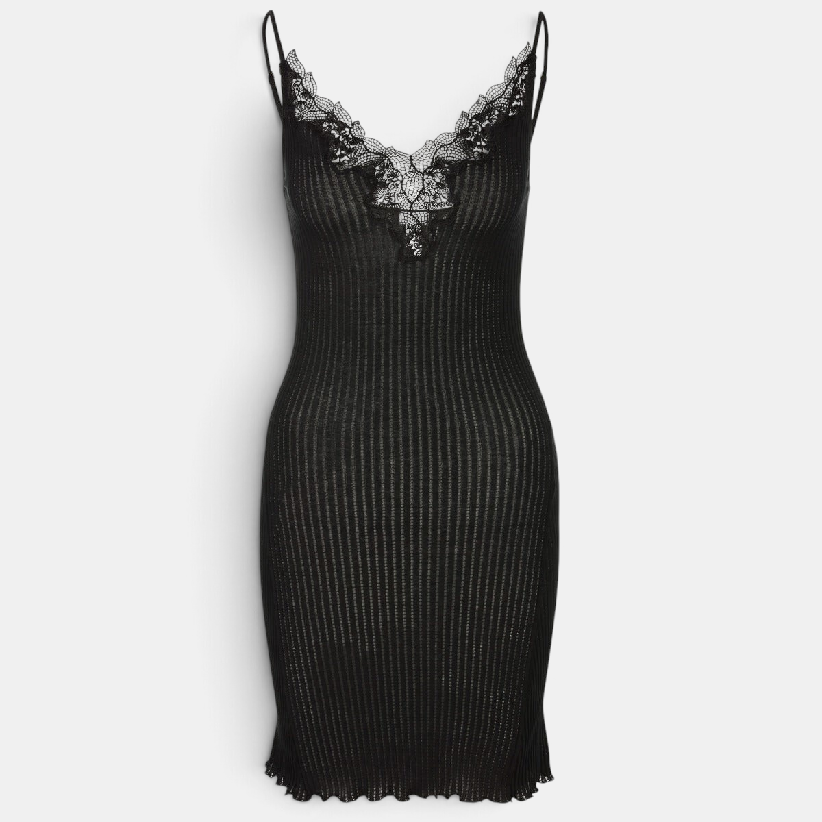 Shop Rescue Spa Maude Prive black cotton negligee with delicate guipure embroidery and ribbed seamless design.