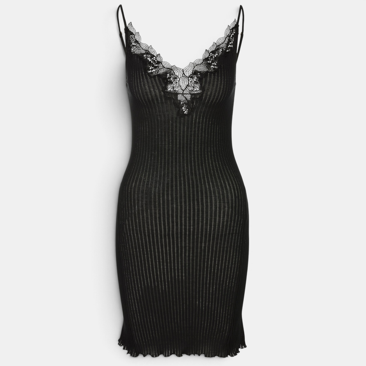 Shop Rescue Spa Maude Prive black seamless cotton negligee with delicate guipure embroidery and spaghetti straps.