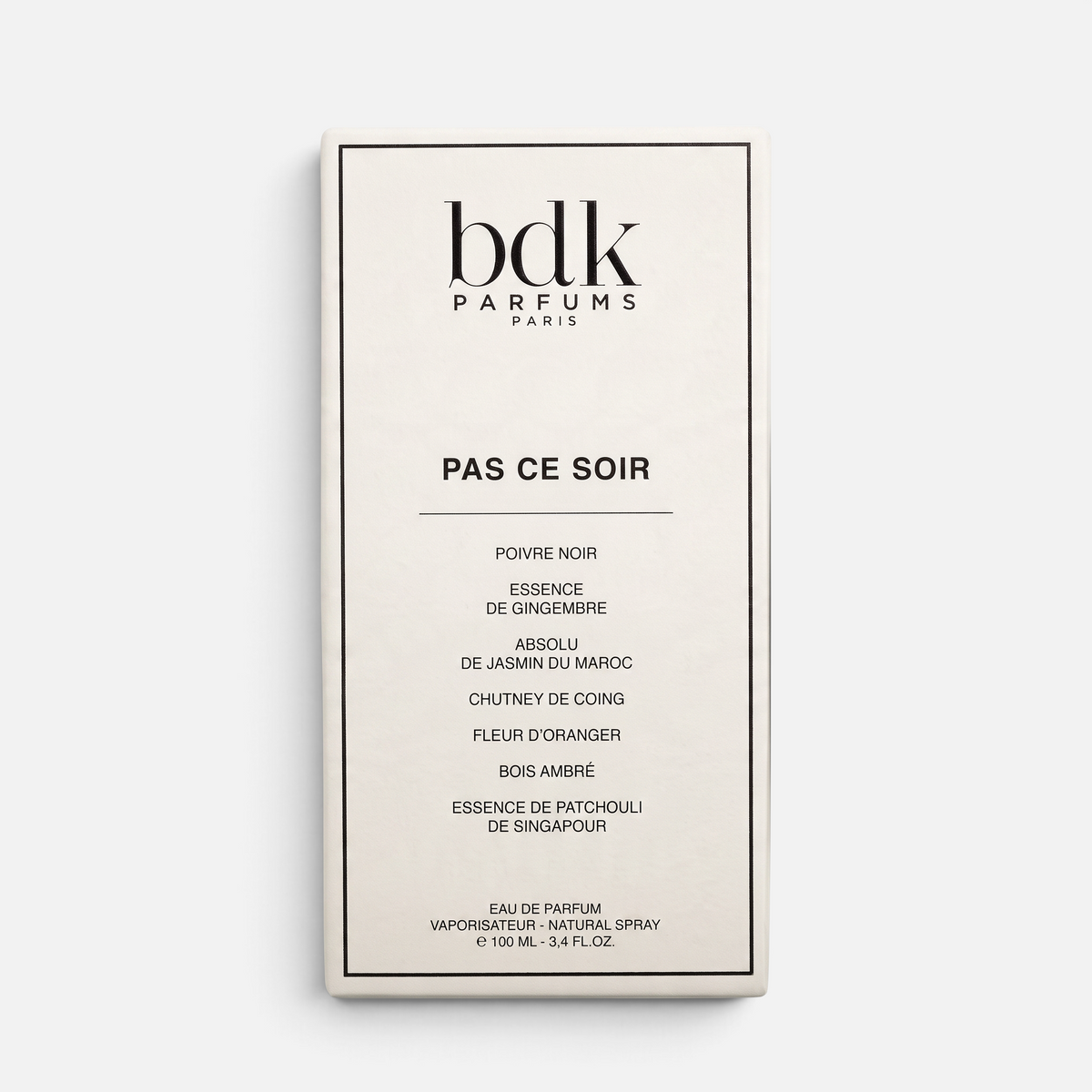 Shop Rescue Spa BDK Parfums Pas Ce Soir 100ml eau de parfum fragrance box with elegant black typography on cream