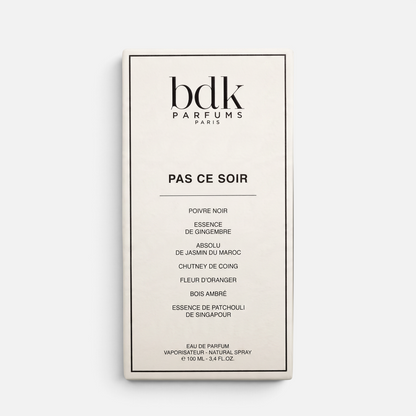 Shop Rescue Spa BDK Parfums Pas Ce Soir 100ml eau de parfum fragrance box with elegant black typography on cream