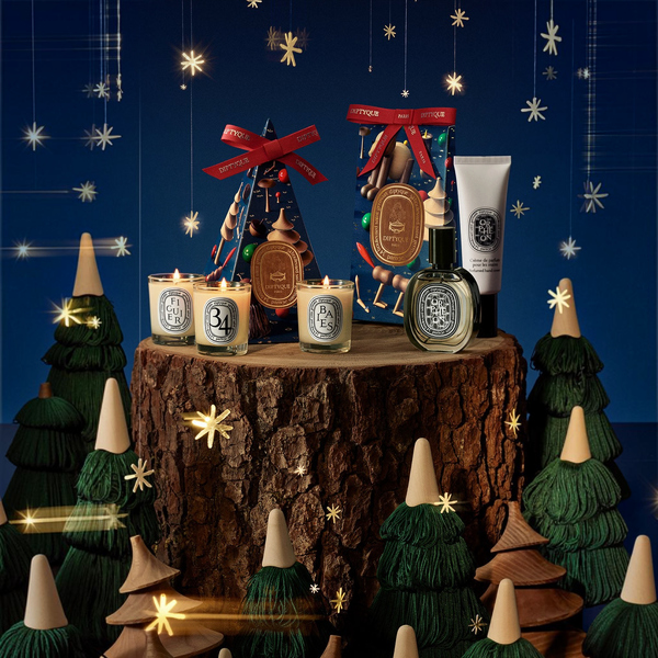 Shop Rescue Spa Diptyque holiday candle set featuring Baies, Figuier, and 34 Boulevard Saint Germain scents on a log.