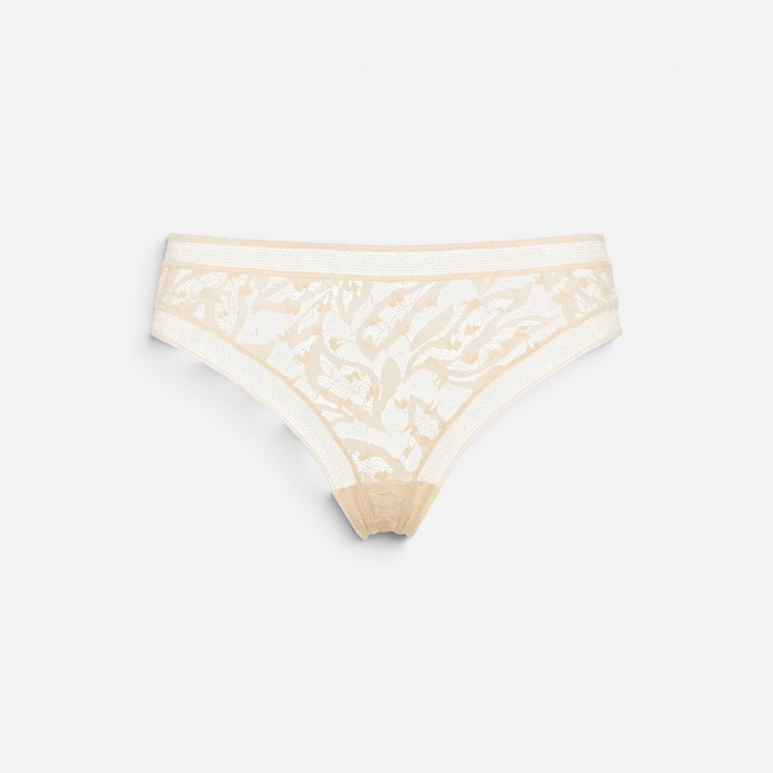 Shop Rescue Spa Pistil beige stretch Leavers lace tanga with delicate lace trim at the waist and leg openings.