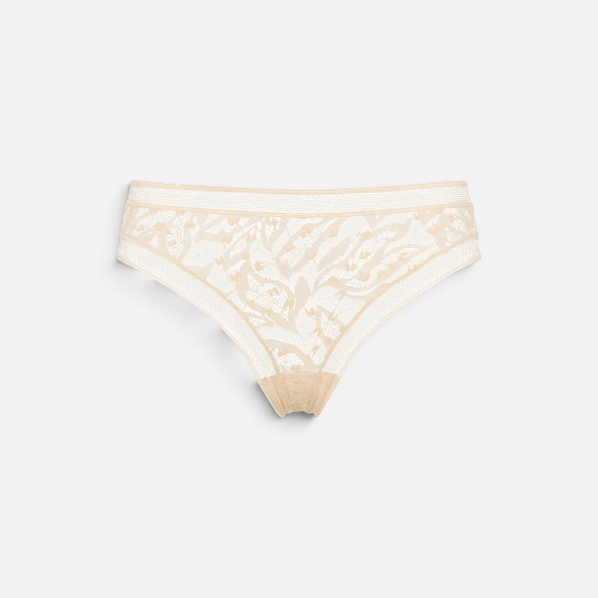 Shop Rescue Spa Pistil beige stretch Leavers lace tanga with delicate lace trim at the waist and leg openings.