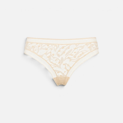 Shop Rescue Spa Pistil beige stretch Leavers lace tanga with delicate lace trim at the waist and leg openings.