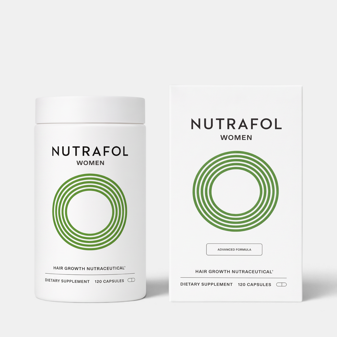 Shop Rescue Spa Nutrafol Women hair growth supplement bottle and box with white packaging and green circular logo
