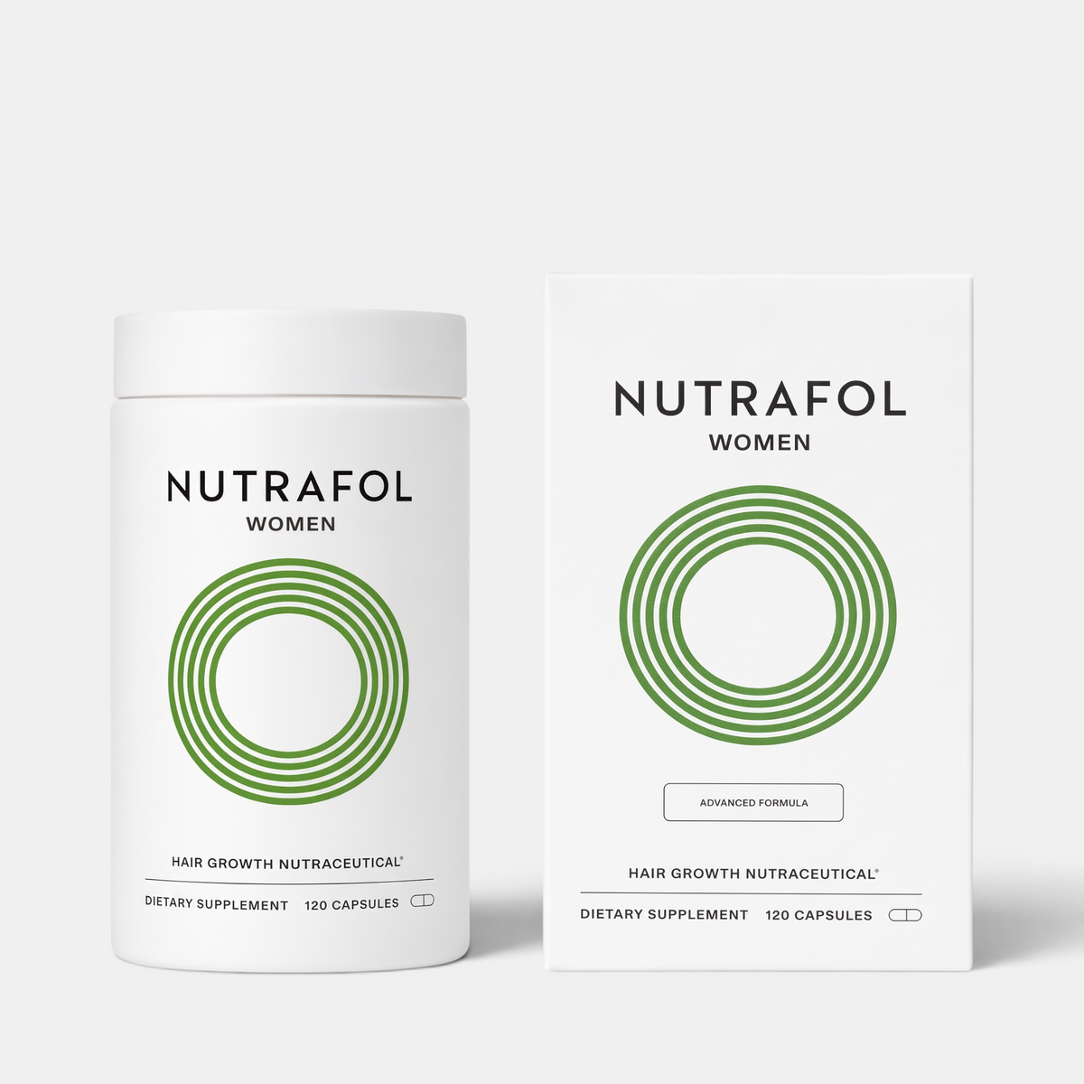 Shop Rescue Spa Nutrafol Women hair growth supplement bottle and box with white packaging and green circular logo