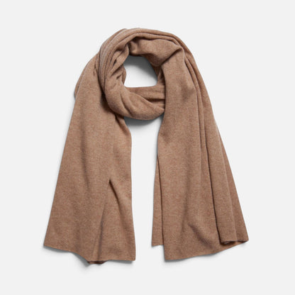 Shop Rescue Spa unisex cashmere travel wrap in a soft camel brown, lightweight and breathable knit scarf.