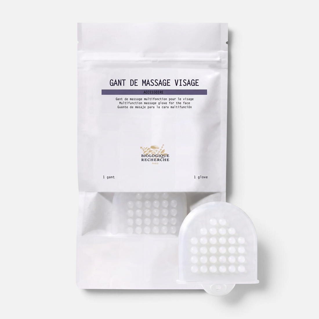 Shop Rescue Spa Biologique Recherche Mini Facial Glove in white packaging with textured silicone massage tool