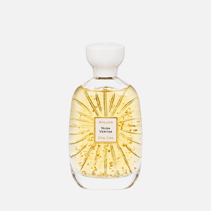 Shop Rescue Spa Nuda Veritas perfume bottle featuring gold flakes in a luminous floral fragrance with a white cap.
