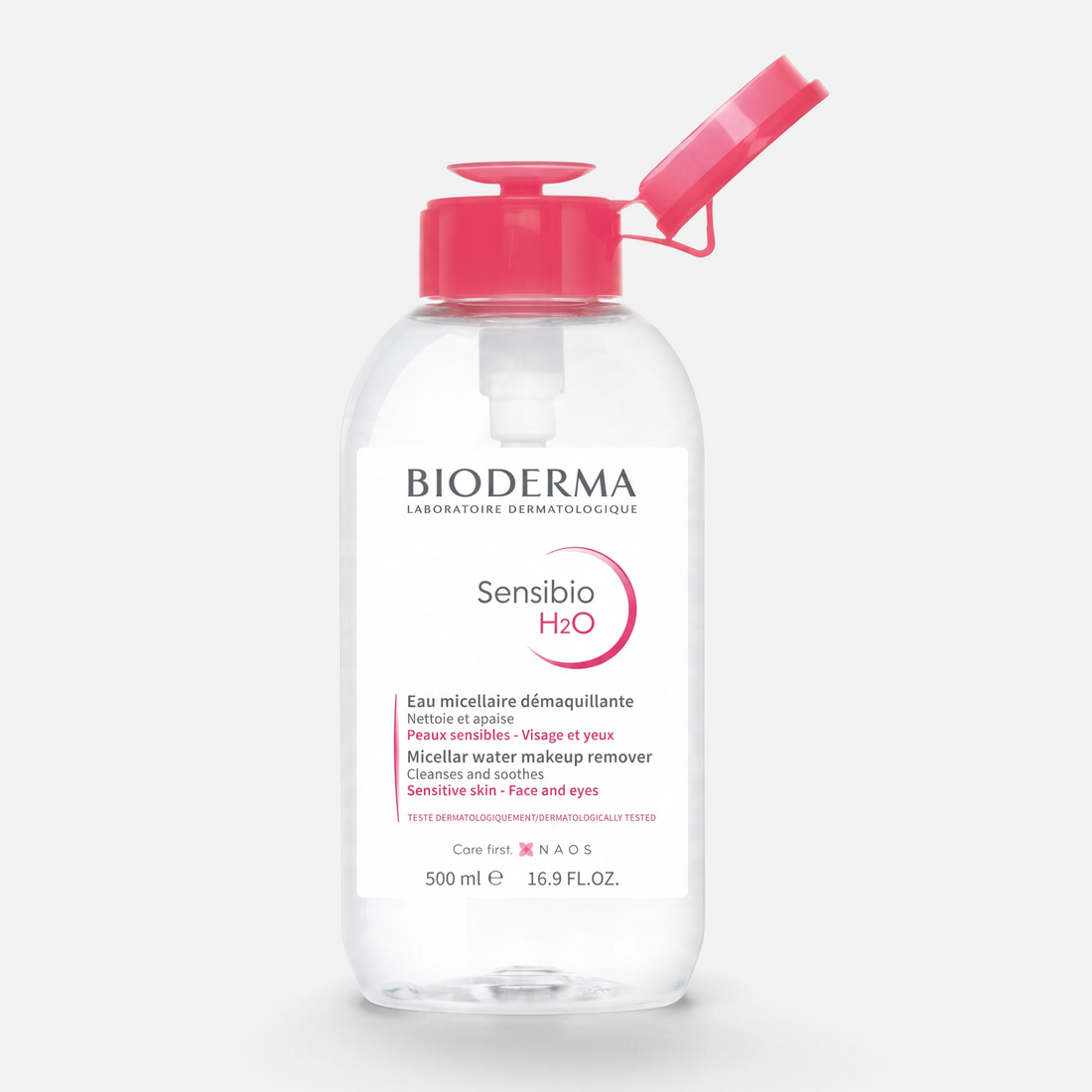 Shop Rescue Spa Bioderma Sensibio H2O micellar water in a 500ml clear bottle with a pink flip-top cap.