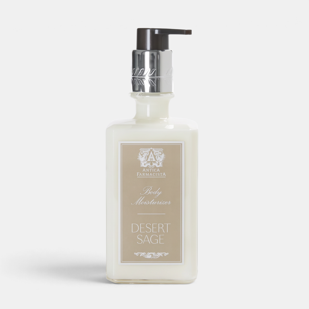 Shop Rescue Spa Desert Sage hand and body moisturizer in a clear glass bottle with a silver pump dispenser.