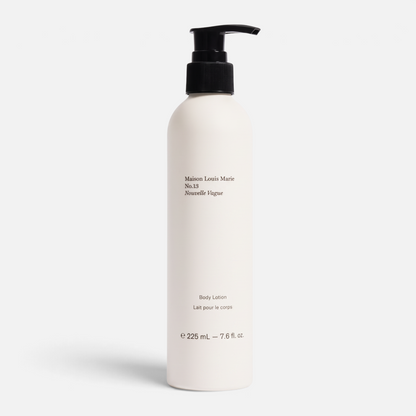 Shop Rescue Spa Maison Louis Marie No.13 Nouvelle Vague body lotion in a white 225ml bottle with a black pump dispenser
