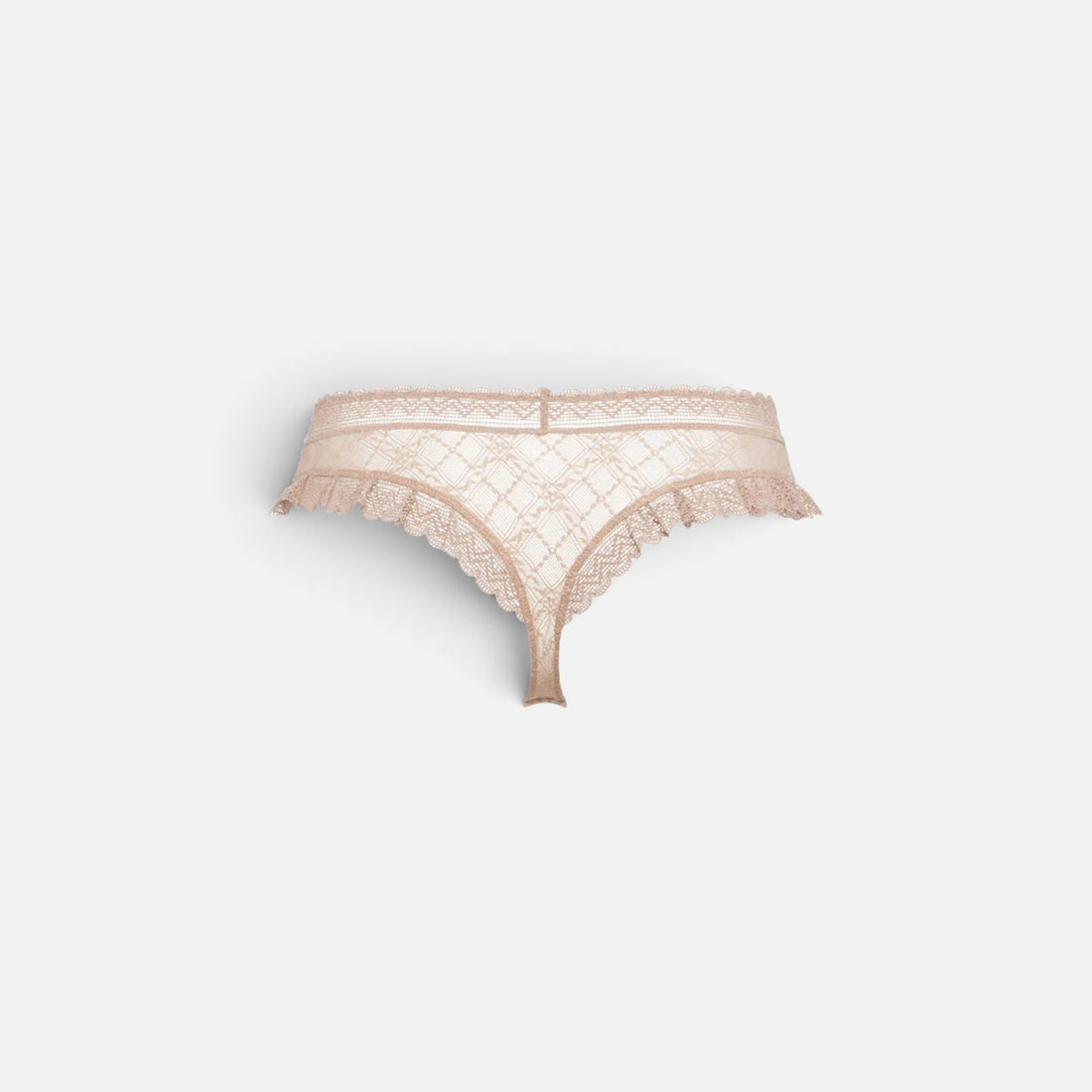 A pair of pale blush pink lace thong panties with a delicate scalloped edge and a small center bow, displayed against a light gray background.