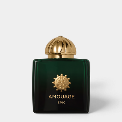 Shop Rescue Spa Amouage Epic Woman amber spicy perfume in a deep green glass bottle with a gold dome cap