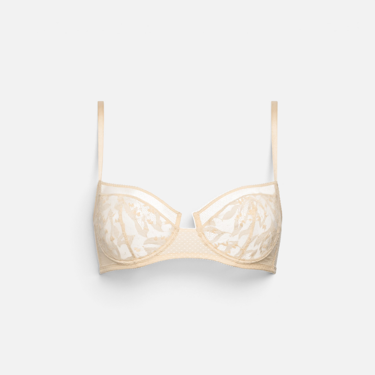 Shop Rescue Spa Pampille beige balconette bra featuring intricate Leavers lace and delicate stretch jacquard details.