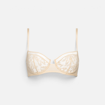 Shop Rescue Spa Pampille beige balconette bra featuring intricate Leavers lace and delicate stretch jacquard details.