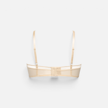 Shop Rescue Spa Pampille beige balconette bra back view featuring Leavers lace and adjustable straps