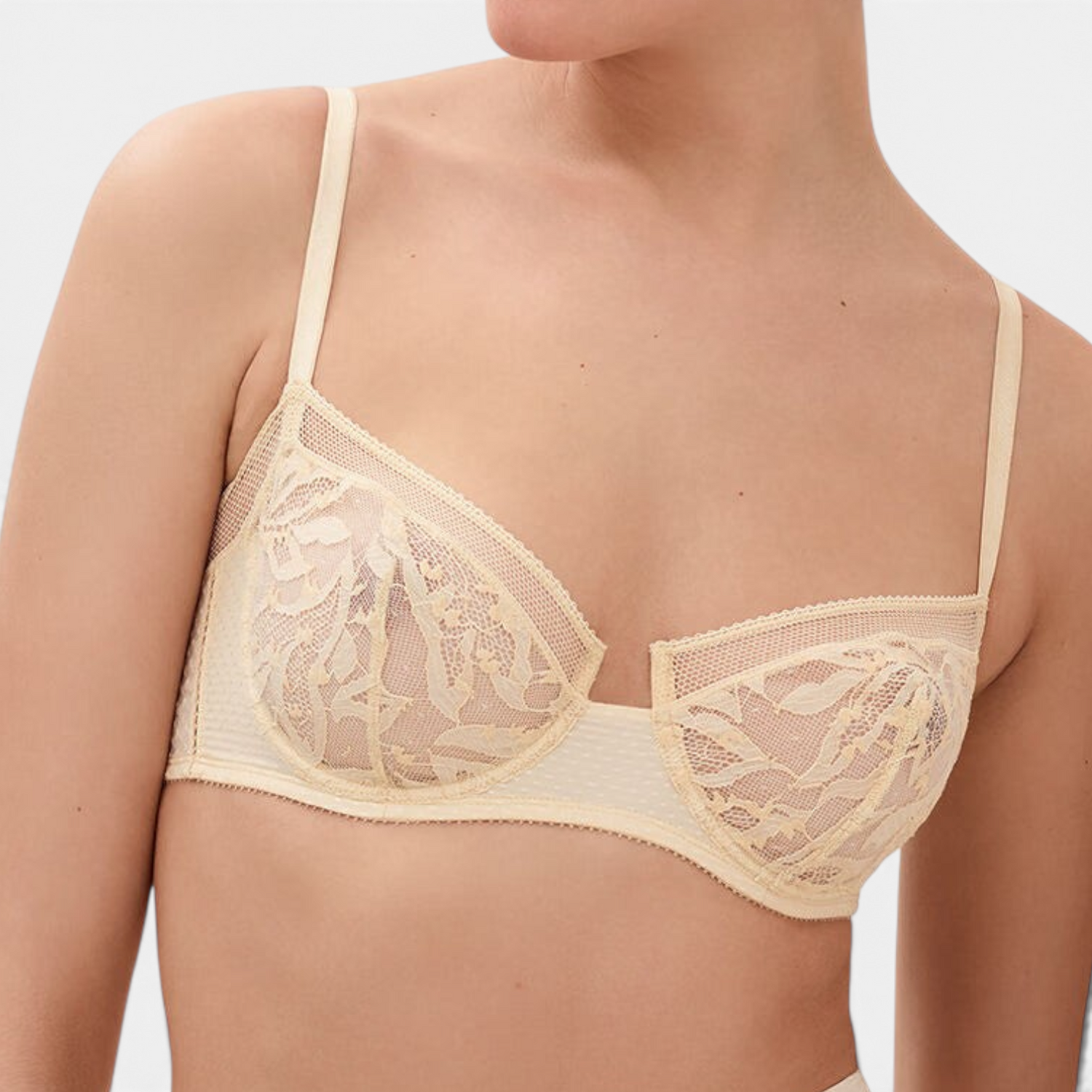Shop Rescue Spa Pampille balconette bra in cream Leavers lace with delicate bust darts and adjustable straps