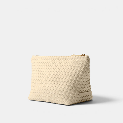 Shop Rescue Spa Portofino large cosmetic pouch in bone-white handwoven neoprene with a top zip closure