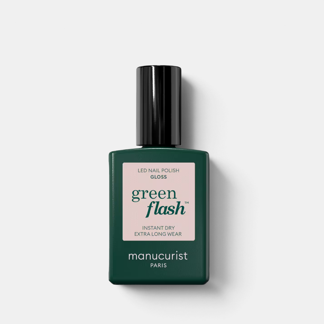 Shop Rescue Spa Manucurist Green Flash LED gel nail polish in a dark green bottle with a pale pink label.