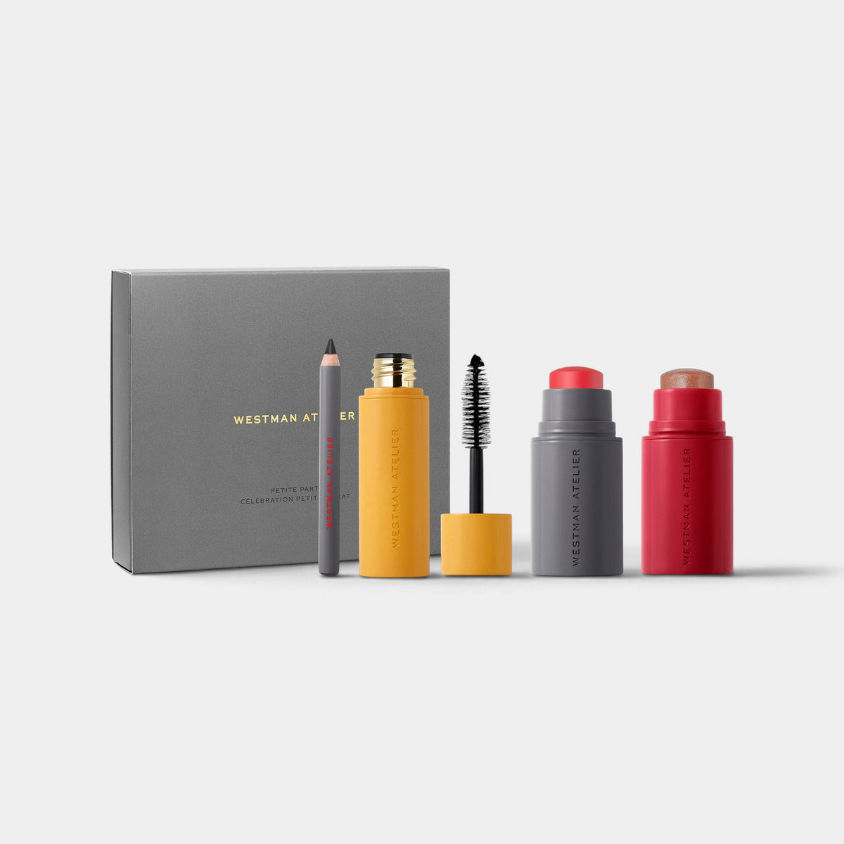 Shop Rescue Spa Petite Party makeup set featuring mini blush, highlighter, eye pencil, and mascara in a grey box.