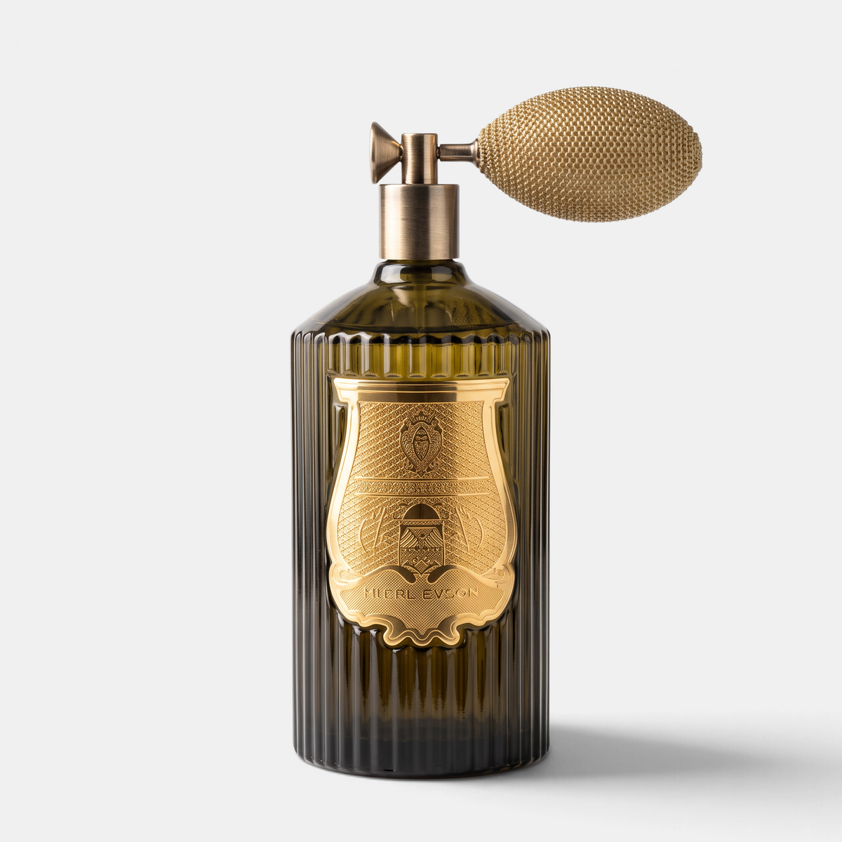Shop Rescue Spa Ernesto room spray in a dark green fluted glass bottle with a vintage gold atomizer bulb