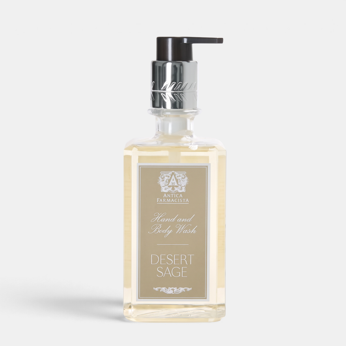 Shop Rescue Spa Desert Sage hand and body wash in a clear glass bottle with a silver pump dispenser.