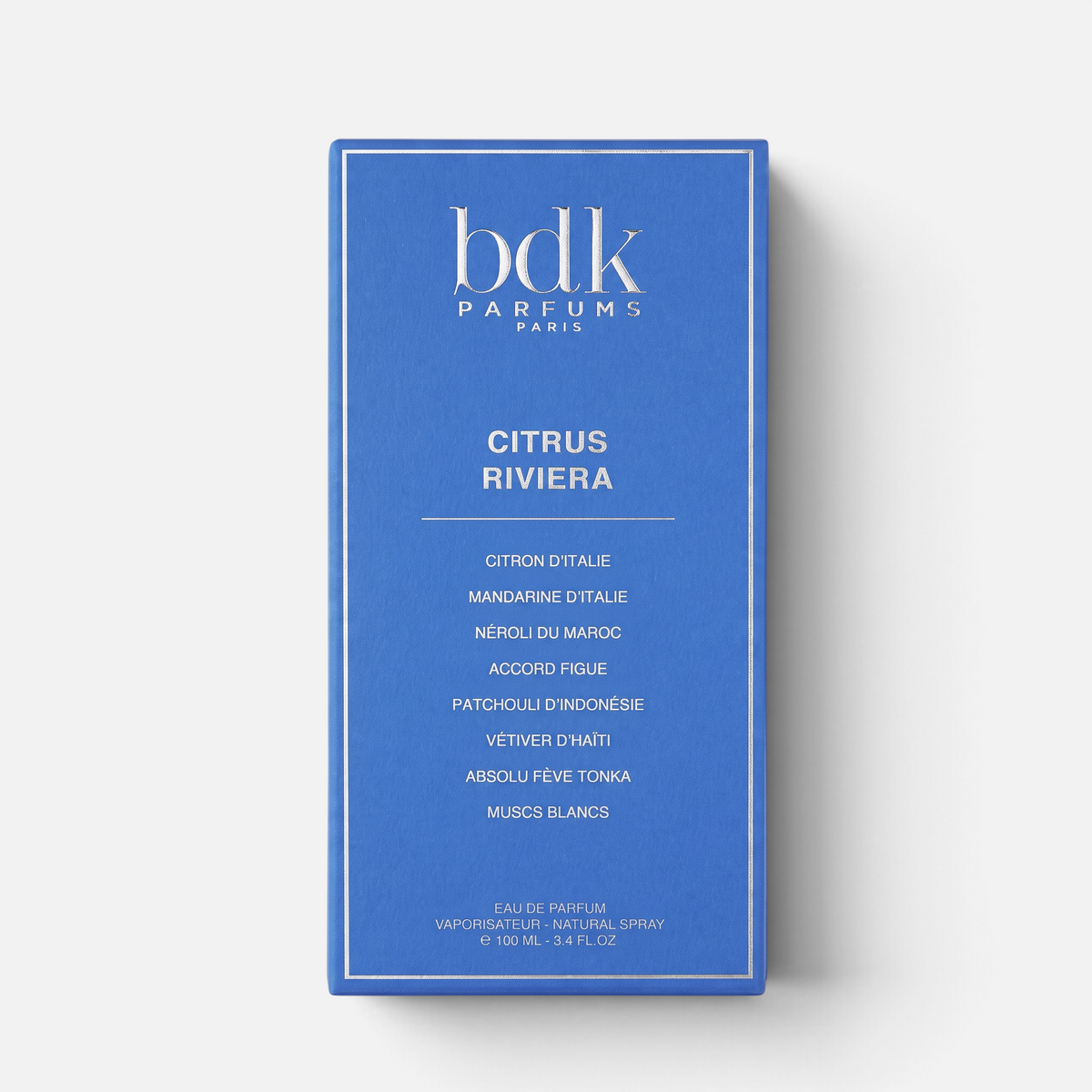 Shop Rescue Spa BDK Parfums Citrus Riviera 100ml perfume box in vibrant blue with elegant silver text and borders.