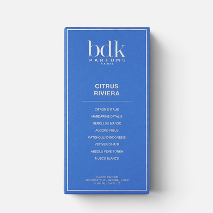 Shop Rescue Spa BDK Parfums Citrus Riviera 100ml perfume box in vibrant blue with elegant silver text and borders.