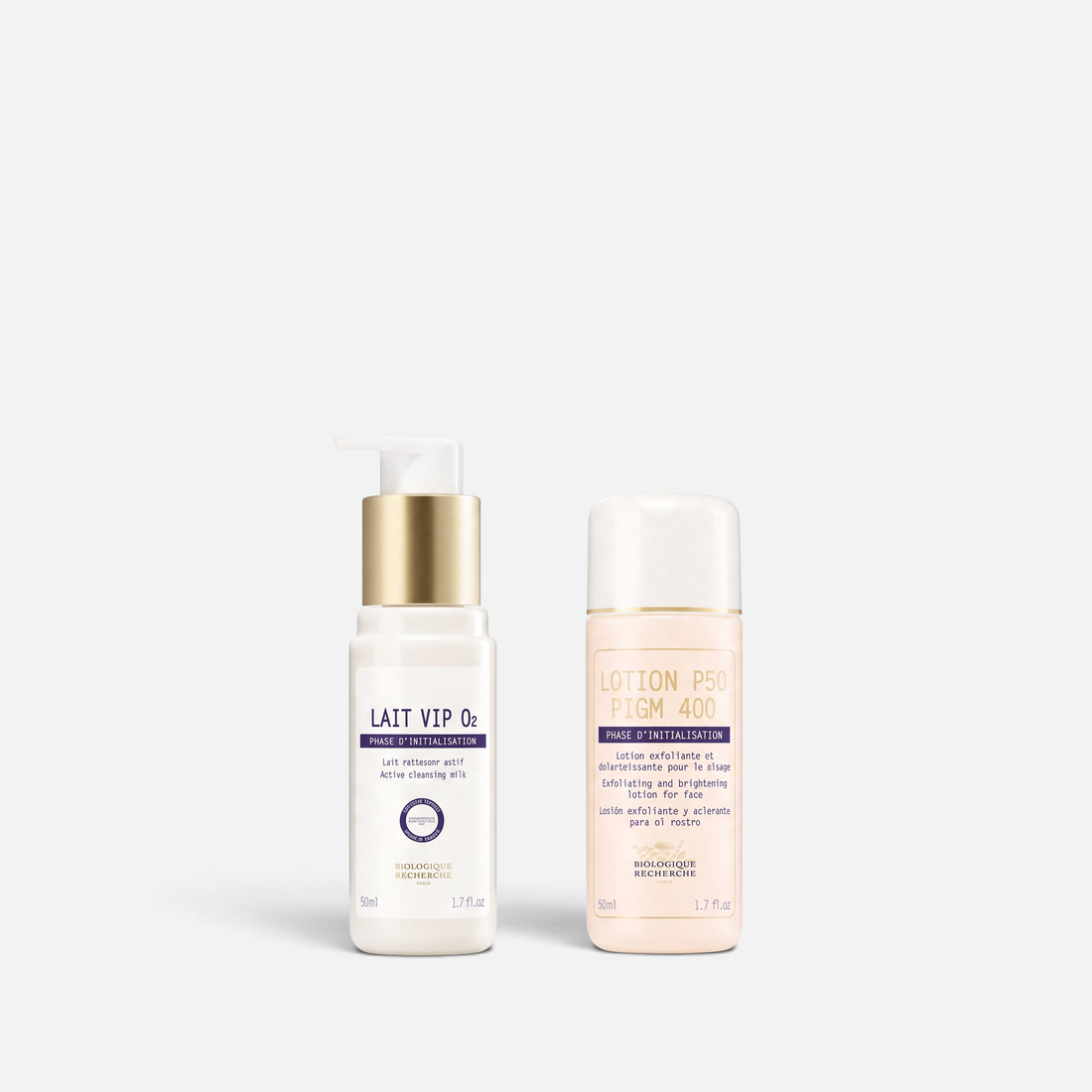 Shop Rescue Spa Biologique Recherche TSA travel duo featuring Lait VIP O2 cleanser and Lotion P50 exfoliating toner.
