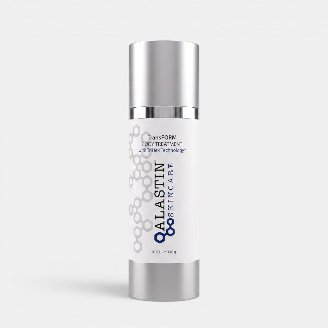 A 4.65 oz (130 g) bottle of Allastin Bodycare TransFORM Body Treatment, featuring a white label with blue and gray text and graphics, and a metallic silver cap, set against a light gray background.