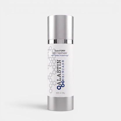 A 4.65 oz (130 g) bottle of Allastin Bodycare TransFORM Body Treatment, featuring a white label with blue and gray text and graphics, and a metallic silver cap, set against a light gray background.