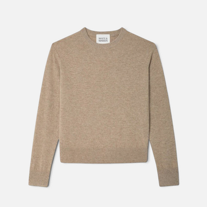 Shop Rescue Spa beige pure cashmere crewneck sweater with ribbed trims and a relaxed fit.